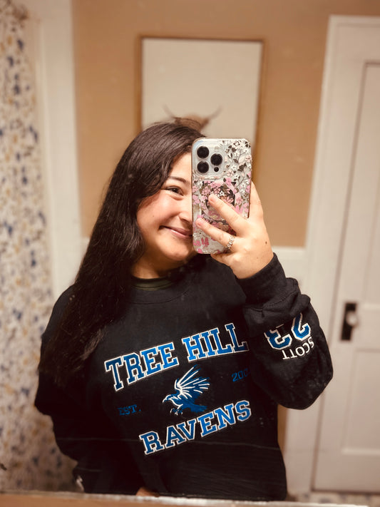 One Tree Hill RAVENS custom made to order embroidered sweatshirts. Embellished sleeves w/ Karen's Cafe and Scott 23. Size up for an oversized fit.
