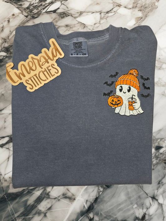 Ghost with beanie,  coffee and bats. Embroidered comfort colors short sleeve tshirt.
