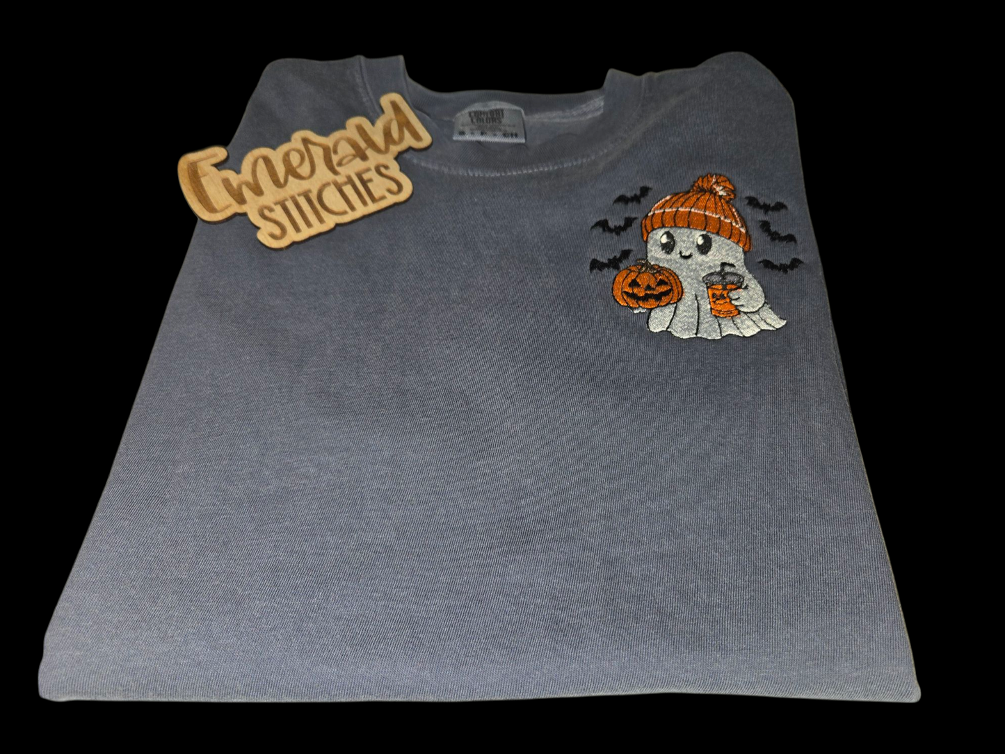 Ghost with beanie,  coffee and bats. Embroidered comfort colors short sleeve tshirt.