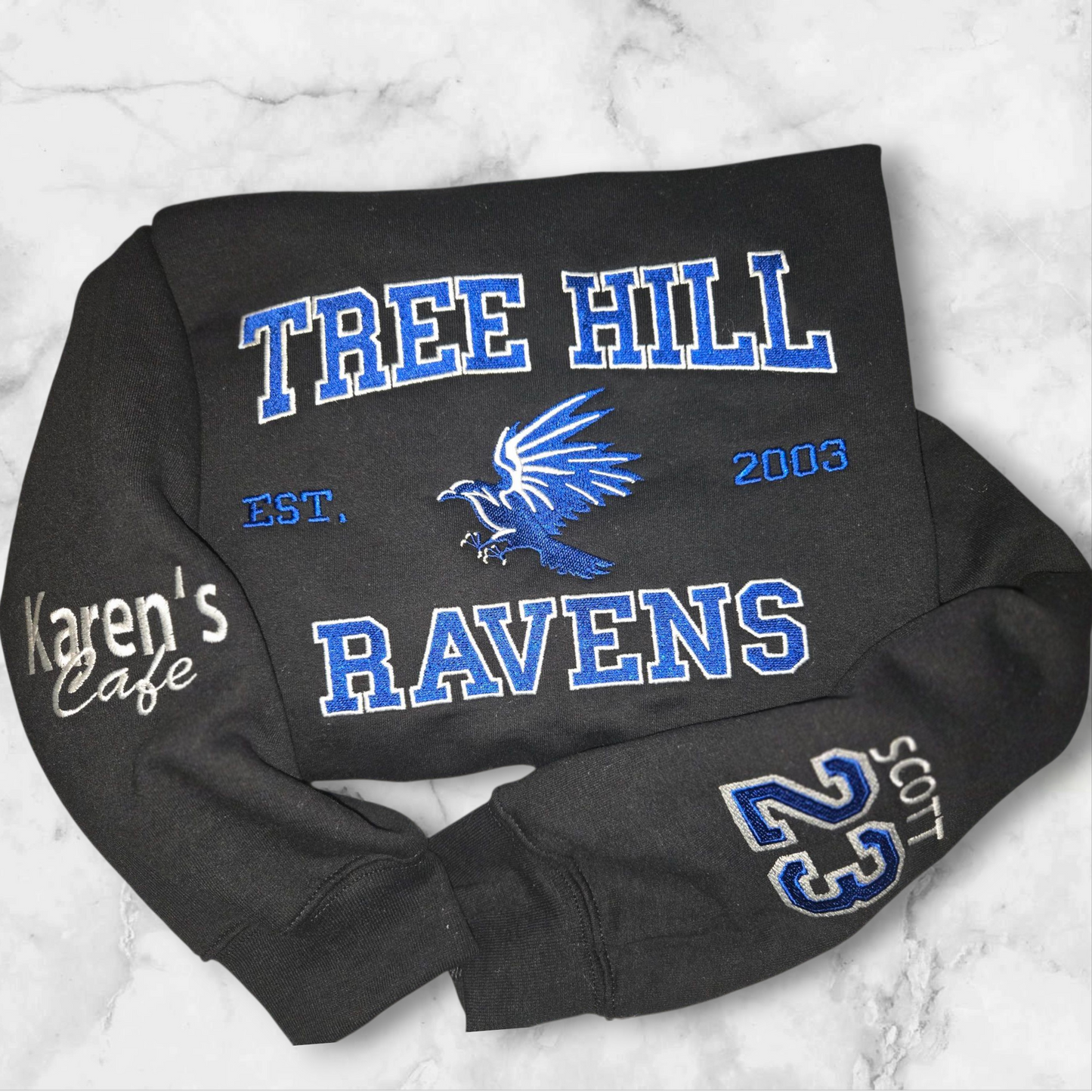 One Tree Hill RAVENS custom made to order embroidered sweatshirts.  Embellished sleeves w/ Karen's Cafe and Scott 23. Size up for an oversized fit.