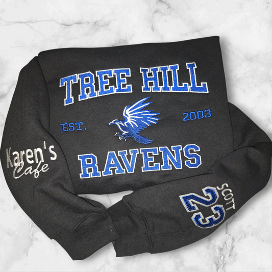 One Tree Hill RAVENS custom made to order embroidered sweatshirts.  Embellished sleeves w/ Karen's Cafe and Scott 23. Size up for an oversized fit.