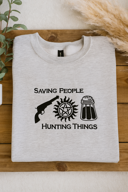 Custom made to order Supernatural sweatshirt. Saving people, hunting things. Colt, anti-possession symbol and salt shaker.